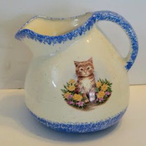 Double Sided Pitcher with Cat Sponged Blue Around Top & Bottom